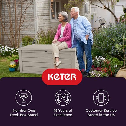 Keter Westwood 150 Gallon Resin Large Outdoor Storage Box for Patio Furniture, Outdoor Cushions, Garden Tools and Pool Floats, Beige