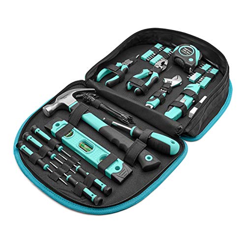 Amazon Basics 104-Piece Home Repair Household Tool Set with Easy Carrying Round Pouch, Portable Hand Tool Kit, Turquoise, 14.4 x 11.4 x 3 inches