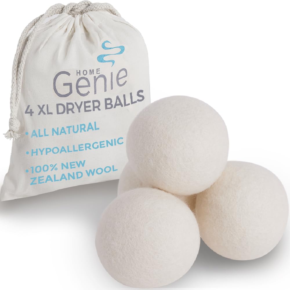 HOME GENIE Wool Reusable Dryer Balls XL, Anti Static Fast Drying Laundry for Pet Hair, Reduces Clothing Wrinkles, Lint, Natural Fabric Softener Essentials, Replace Dryer Sheets, Over 400 Loads 4 Pack