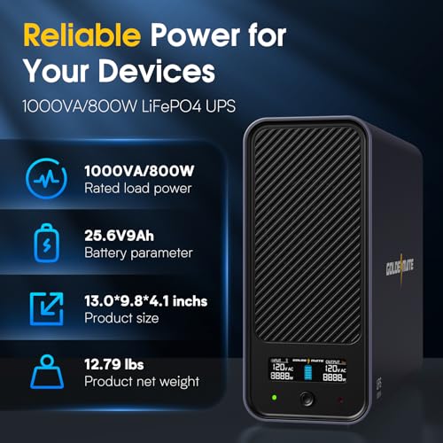 GOLDENMATE 1000VA/800W Lithium UPS Battery Backup & Surge Protector, Gray | Pure Sine Wave, 8 Outlets, Color LCD, 230Wh LiFePO4 Backup Battery, Uninterruptible Power Supply for PC/Internet/Home Office