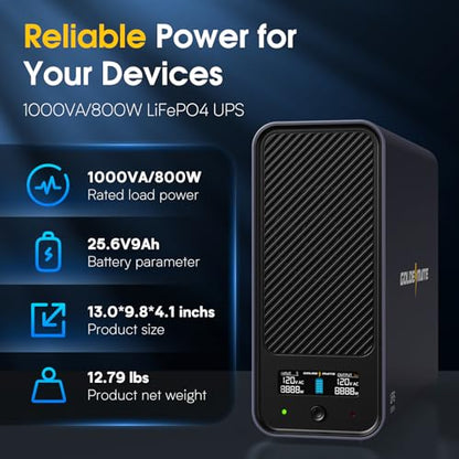 GOLDENMATE 1000VA/800W Lithium UPS Battery Backup & Surge Protector, Gray | Pure Sine Wave, 8 Outlets, Color LCD, 230Wh LiFePO4 Backup Battery, Uninterruptible Power Supply for PC/Internet/Home Office