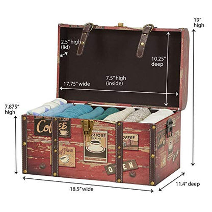 Household Essentials Medium Decorative Trunk, Coffee Shop Faux Decoupage, Antique Exterior, Leather and Metal Accents, Fabric Interior, Hinged Lid, Brown