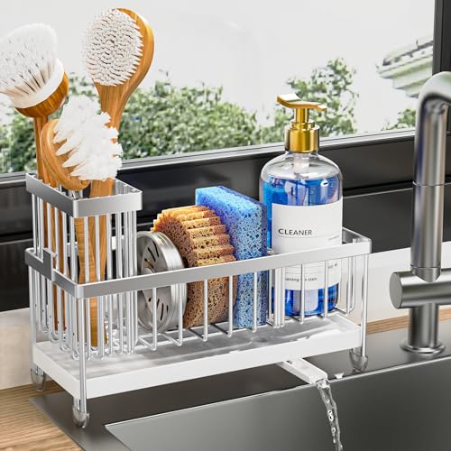 Cisily Sponge Holder for Kitchen Sink, Sink Caddy Organizer with High Brush Holder, Kitchen Countertop Organizers and Storage Essentials, Rustproof 304 Stainless Steel (Silver, 9.25")