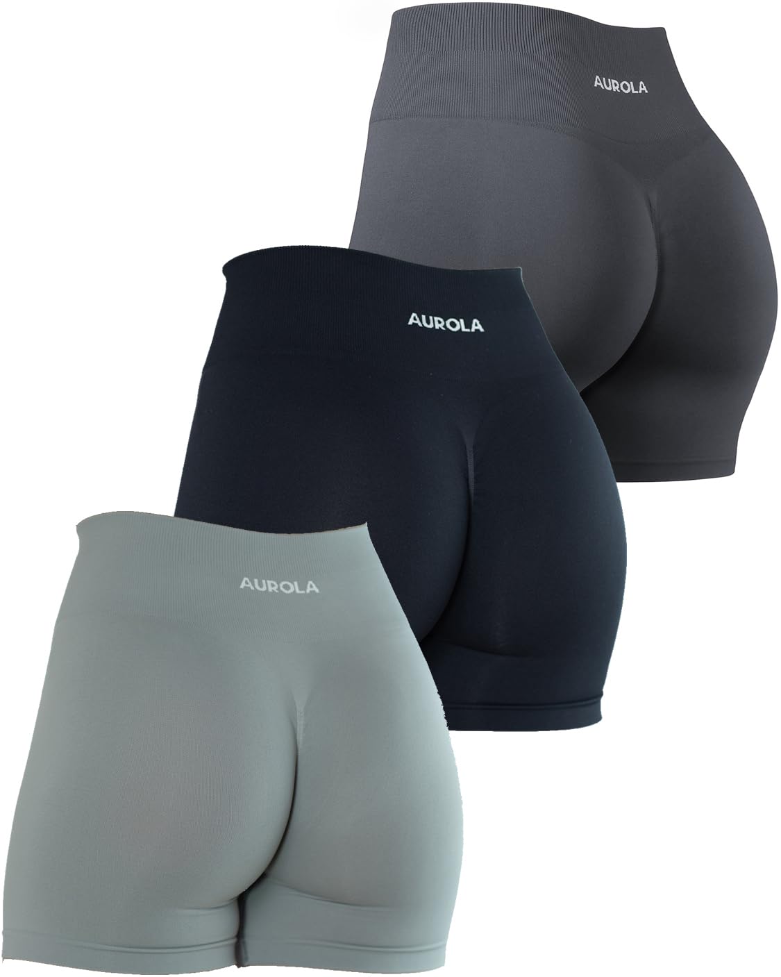 AUROLA 3 Pieces Pack Set Dream Workout Shorts for Women Seamless,Dark Black/Asphalt Grey/Ultimate Gray,M