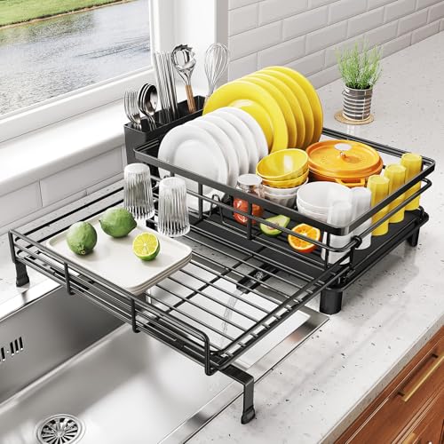 Expandable Dish Drying Rack for Kitchen Counter, Stainless Steel, Black
