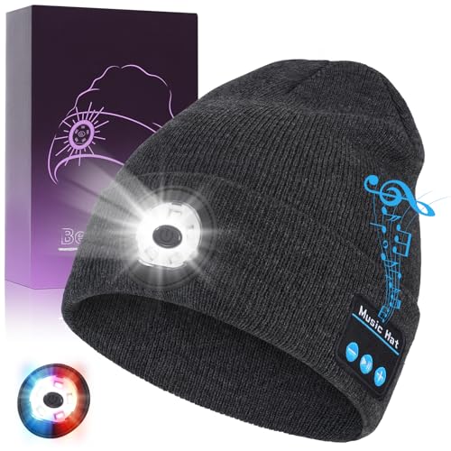 TOPIEI Bluetooth Beanie with Light, USB-C Charging 5 LED Flashlight Hat, Built-in Stereo Speakers Mic, Christmas Stocking Stuffers White Elephant Gifts for Men Dad Teens Boys for Camping Fishing
