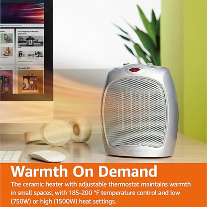 Amazon Basics Ceramic Space Heater, Portable Indoor Heating Solution, With Overheat and Tip-Over Protection, Thermostat, Non-Oscillating, 1500W, 7.52"D x 6.34"W x 9.45"H, Silver
