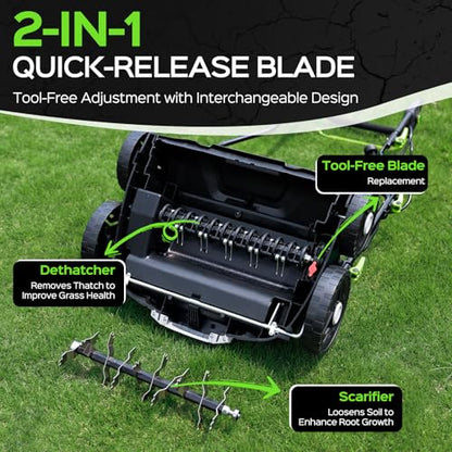 TIECTOWN 16-Inch 15.5 Amp 2-in-1 Electric Dethatcher and Scarifier with 14.5-Gallon Removable Thatch Collection Bag, Lawn Dethatcher with 5-Position Depth Adjustment, Quick-Fold, Keeps Lawn Healthy