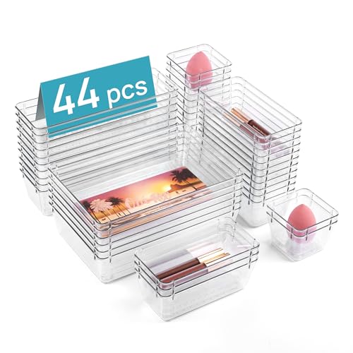 Vtopmart 44 PCS Clear Plastic Drawer Organizers Set, Vanity Organizer Trays | 4-Size Versatile Makeup Organizer, Non-Slip Storage Containers for Makeup, Jewelries, Bedroom, Kitchen Utensils and Office