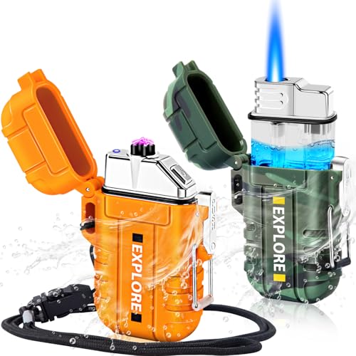 LcFun 2 Pack Waterproof Outdoor Lighter Windproof Torch Lighters Butane Refillable USB Rechargeable Electric Dual Arc Plasma Lighter Hiking Camping Essentials Hunting Survival Tactical Gear Gadgets