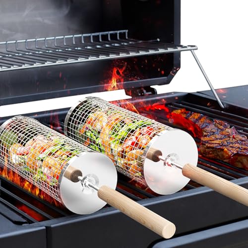 ivtivfu Rolling Grill Basket, Removable Wooden Handle, 304 Stainless Steel, Nesting BBQ Tools, Smoker Grilling Accessories for Vegetable, Outdoor Cooking Camping, Birthday Gifts for Men Dad Husband