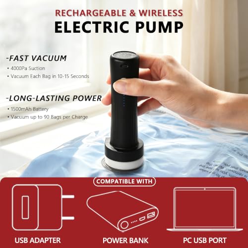 Travel Vacuum Bags for Clothing with Cordless Pump 18 Combo, Clear