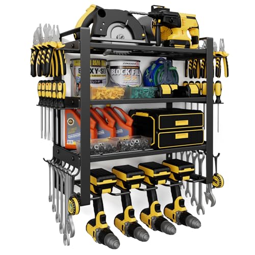 Jusgym Power Tool Organizer Wall Mount |200lbs Garage Tool Storage Rack with 4 Cordless Drill Holder |4-Tier Heavy Duty Garage Organization |Gifts for Men