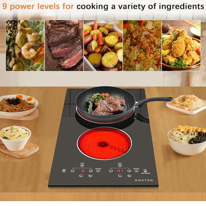 Noxton 110V Electric Cooktop 2 Burners, 12 Inch Electric Stove,Counter top Burner & Built-in Ceramic Stovetop, Sensor Touch Control Timer, Child Safety Lock, High Temperature Warning
