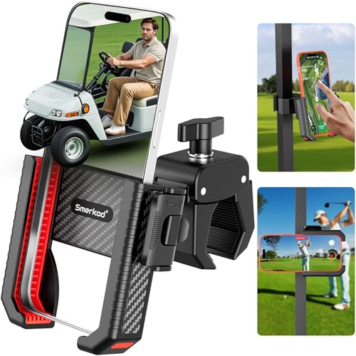 Smerkod Golf Cart Phone Holder Mount - 3s Phone Clip Install, 1s Lock & Release, Fathers Day Golf Gifts for Men Dad Husband Him Golfer, Golf Accessories Essentials Gadgets Fits Club Car, EZGO, Yamaha