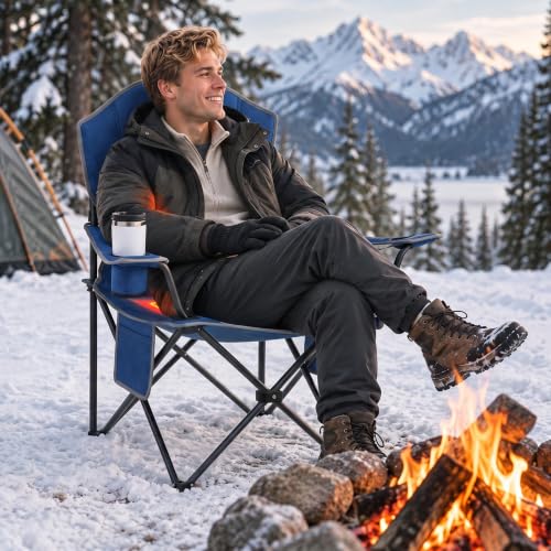 DUMOS Heated Camping Chair for Adults, Folding Chair for Outside | Padded 400 lbs Heavy Duty Support, 3 Heat Levels, 2 Heating Zones, for Outdoor Sports Lawn, Battery Not Included, Blue Grey