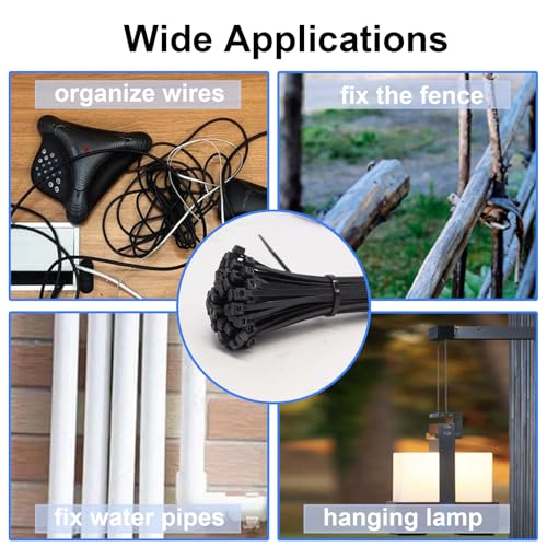 250Pack Black Cable Zip Ties Assorted Sizes 4'' 6'' 8'' 12'' Plastic Wire Ties Cable Cord Management for Office, Home, Garden