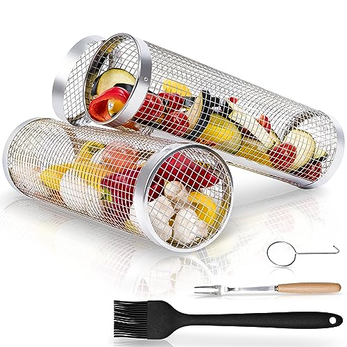 Modaura 2PCS Rolling Grill Baskets for Outdoor Grill, Big Green Egg Accessories with Fork Hook and Oil Brush, 304 Stainless Steel, Perfect Gifts for Dad, Camping Must Haves