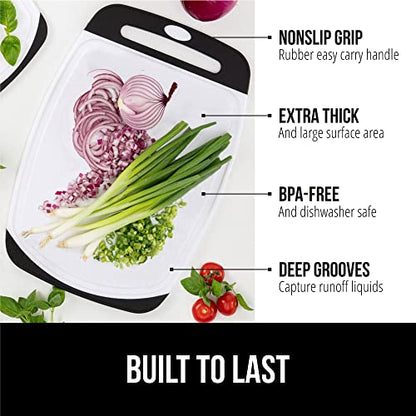 GORILLA GRIP 100% BPA-Free Reversible Kitchen Cutting Board Set of 3, Nonporous, Juice Grooves to Catch Liquid, Slip Resistant Handle Border, Dishwasher Safe, Durable Large Food Chopping Boards, Black