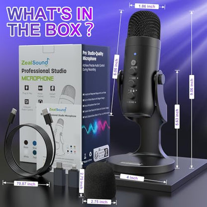 ZealSound Podcast Microphone for PC, Noise Cancellation USB Mic with Gain, Volume Adjustment & Mute Button, Monitoring & Echo, for YouTube, TikTok, Podcasting, Streaming, iPhone, iPad, Android, Mac