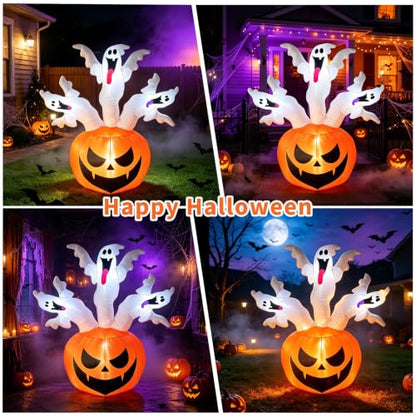 Bajree 6 FT Halloween Inflatable Pumpkin with 3 Ghosts for Outdoor Decor | Halloween Blow Ups Pumpkin Decor with Ghosts, Fast Inflation, LED Lights for Yard, Lawn, Garden and Parties