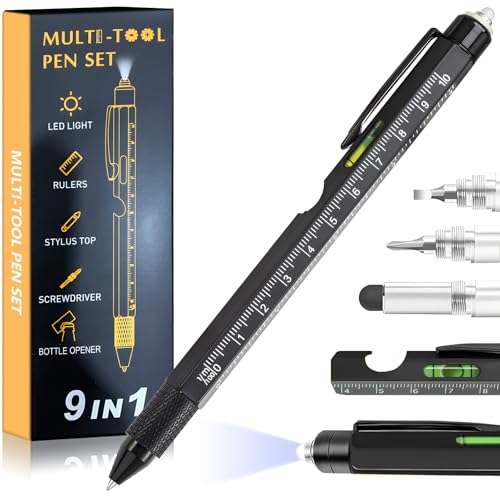 Gifts for Christmas Stocking Stuffers for Men,Multitool Pen 9 in 1 Innovative Gift for Men,with LED Light,Ruler, Stylus,Bubble Level,Screwdrivers,Unique Gifts Gadgets for Him,Boyfriend,Husband
