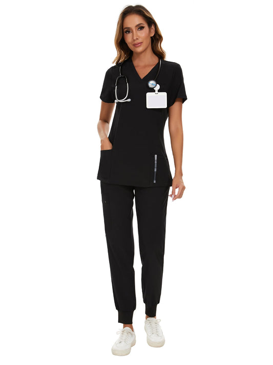COZYFIT Scrubs for Women Set - Stretch V-Neck Scrub Top & Jogger Pant with 8 Pockets, Yoga Waistband, Anti Wrinkle, Slim Fit Women Scrubs