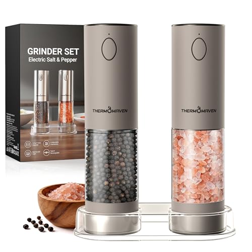 ThermoMaven Electric Salt and Pepper Grinder Set, 110ml Larger Rechargeable Automatic Salt and Pepper Mill Grinder with 6 Adjustable Coarseness, Electric Salt and Pepper Shakers, LED, Greige