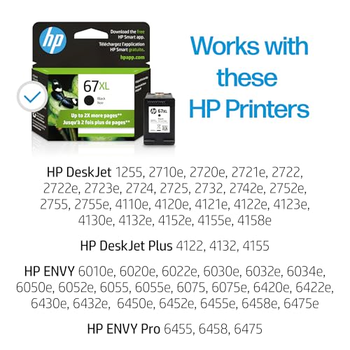 HP 67XL Black High-yield Ink Cartridge | Works with HP DeskJet 1255, 2700, 4100 Series, HP ENVY 6000, 6400 Series | Eligible for Instant Ink | One Size | 3YM57AN