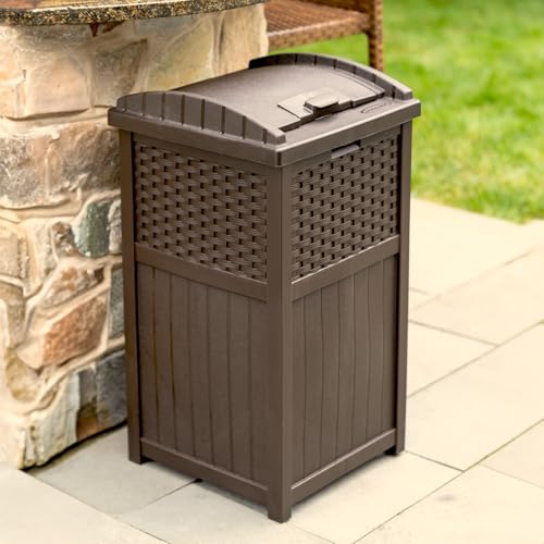 Suncast 33 Gallon Outdoor Trashcan Hideaway with Lid for 30 to 33 Gallon Trash Bags for Garage, Backyard, or Garden, Brown, Made in the USA