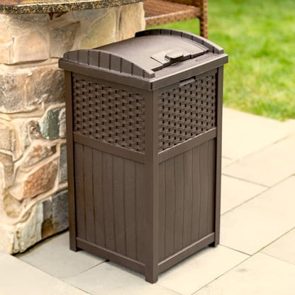 Suncast 33 Gallon Outdoor Trashcan Hideaway with Lid for 30 to 33 Gallon Trash Bags for Garage, Backyard, or Garden, Brown, Made in the USA