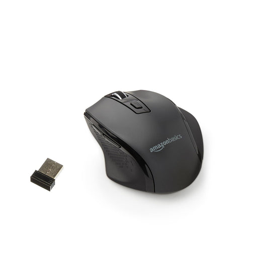 Amazon Basics Computer Mouse Wireless, Ergonomic, 2.4 GHz Optical, DPI Adjustable, Compatible With PC, Mac, Laptop, Black