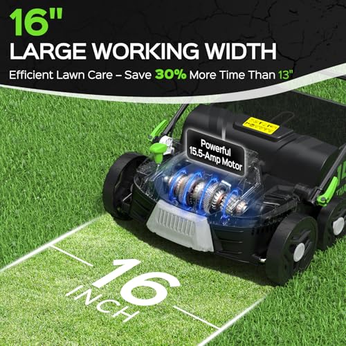 TIECTOWN 16-Inch 15.5 Amp 2-in-1 Electric Dethatcher and Scarifier with 14.5-Gallon Removable Thatch Collection Bag, Lawn Dethatcher with 5-Position Depth Adjustment, Quick-Fold, Keeps Lawn Healthy