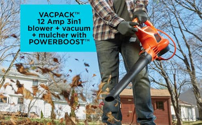 BLACK+DECKER Electric Leaf Blower, Leaf Vacuum and Mulcher 3 in 1, 250 mph Airflow, 400 cfm Delivery Power, Reusable Bag Included, Corded (BEBL7000)