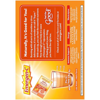 Emergen-C 1000mg Vitamin C Powder for Daily Immune Support Caffeine Free Vitamin C Supplements with Zinc and Manganese, B Vitamins and Electrolytes, Super Orange Flavor - 60 Count/2 Month Supply