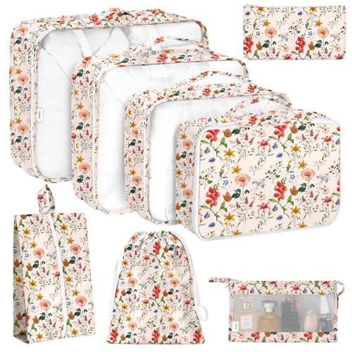KPX 8 Set Packing Cubes for Travel, Luggage Packing Organizers Accessories Large Toiletries Bag for Clothes Shoes Cosmetics (Retro Flower)