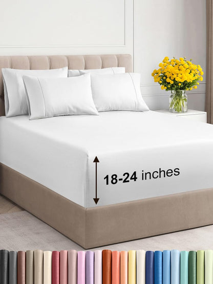 Extra Deep Queen Sheet Set - 6 Piece Breathable & Cooling Sheets - Hotel Luxury Bedding Set w/18-24 Inch Extra Deep Pockets - Easy & Secure Fit - Super Soft, Wrinkle Free & Comfy - White, Queen Size