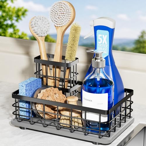 Kitchen Sink Organizer, Large Sink Caddy with Sponge Holder & Diatomite Mat
