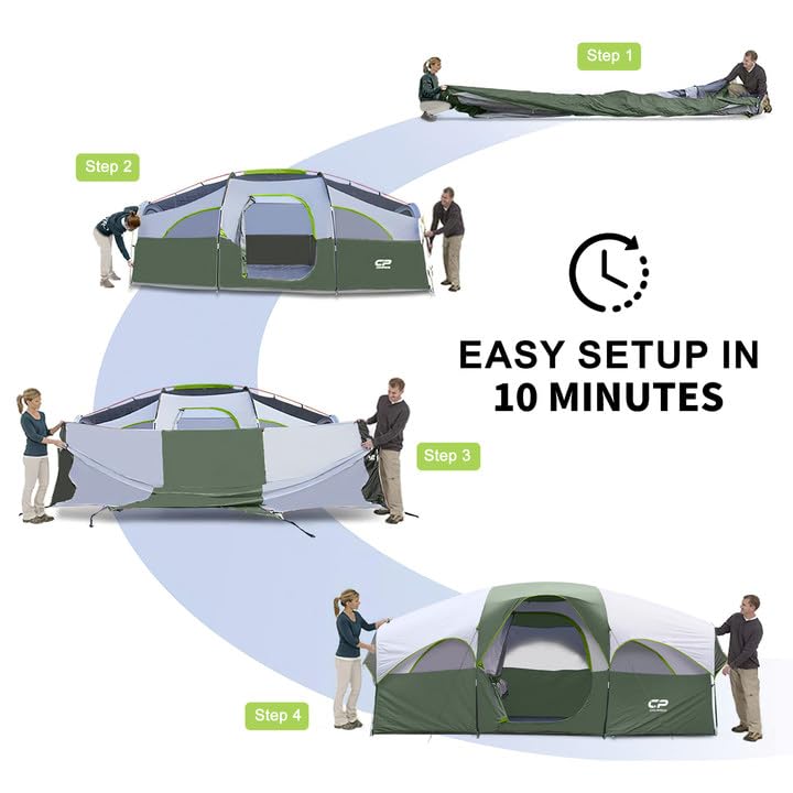CAMPROS CP Tent 8 Person Camping Tents, Weather Resistant Family Tent, 5 Large Mesh Windows, Double Layer, Divided Curtain for Separated Room, Portable with Carry Bag