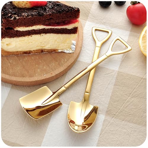 Shovel Spoon Dessert Spoons- 2pcs Ice Cream Spoon Gold Shovel Shape Spoons Mini Long Handle Coffee Afternoon Teaspoon for Home Kitchen Restaurant Party (gold)