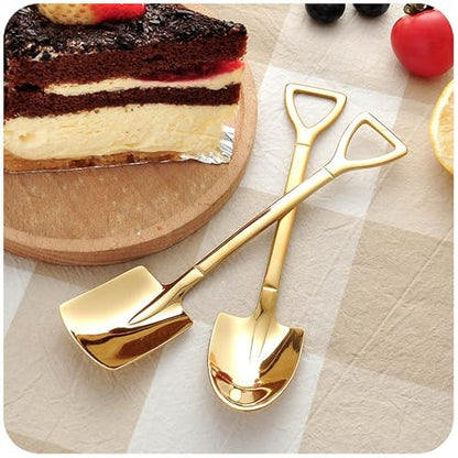 Shovel Spoon Dessert Spoons- 2pcs Ice Cream Spoon Gold Shovel Shape Spoons Mini Long Handle Coffee Afternoon Teaspoon for Home Kitchen Restaurant Party (gold)