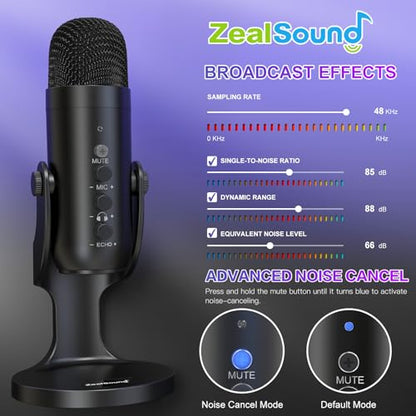 ZealSound Podcast Microphone for PC, Noise Cancellation USB Mic with Gain, Volume Adjustment & Mute Button, Monitoring & Echo, for YouTube, TikTok, Podcasting, Streaming, iPhone, iPad, Android, Mac