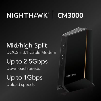 NETGEAR Nighthawk DOCSIS 3.1 Mid/high-Split Cable Modem (CM3000-1AZNAS) – Approved for Today’s Fastest Speeds - Works With all Cable Providers, Incl. Xfinity, Spectrum, Cox - Cable Plans up to 2.5Gbps
