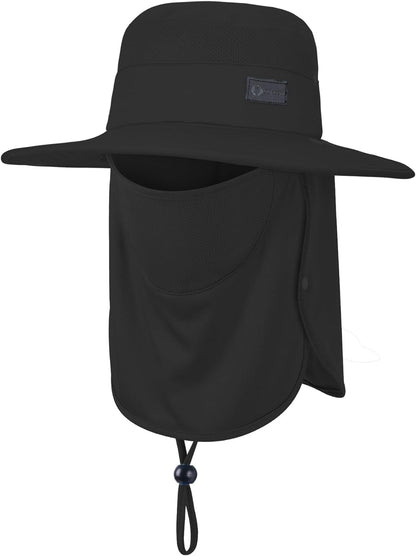 Sukeen Fishing Hat for Men Women, Wide Brim Outdoor UPF 50+ Sun Protection with Detachable Neck Flap and Face Mask (Black)