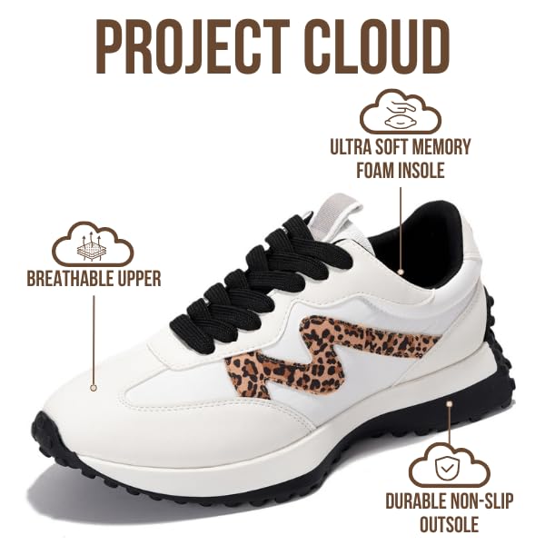 Project Cloud Trendy Fashion Sneakers for Women 2026 - Memory Foam and Non-Slip Comfortable Casual Ladies Shoes for Womens Fashion Sneakers - Lightweight Lace-up Shoes (Lecco,LEOP,8.5) Leopard