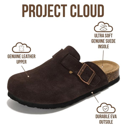 Project Cloud Genuine Leather Footbed Clogs for Women - Memory Foam Arch Support Slippers for Women - Trendy Slip-ons Women's Mules & Clogs Sandals (Benton, CHOCBRWNSUED, 10)