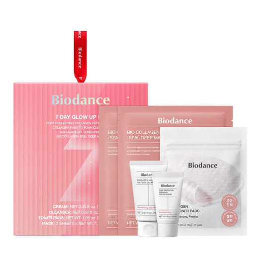 BIODANCE 7 Day Glow Up Kit: Holiday Collagen Gift Set for Glass-Skin, Christmas Gift, Stocking Stuffers for teen girls, Korean Skincare with Mask to Foam Cleanser, Toner Pads, Moisturizer, Gel Masks