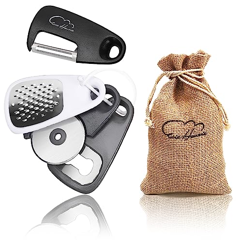 5 Pieces Kitchen Gadgets Set - Space Saving Cooking Tools Accessories Cheese Chocolate Grater, Fruit Vegetable Peeler, Bottle Opener, Pizza Cutter, Burlap Bags with Drawstring Gift Set