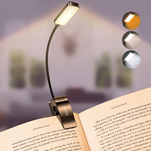 Gritin 9 LED Rechargeable Book Light for Reading in Bed - Eye Caring 3 Color Temperatures, Stepless Dimming Brightness, 80 Hrs Runtime Small Lightweight Clip On Book Reading Light for Studying
