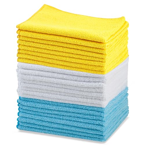 Amazon Basics Microfiber Cleaning Cloths, Lint Free, Absorbent, Streak Free, Non-Abrasive, Reusable and Washable, Pack of 24, Multicolor, 16" x 12"